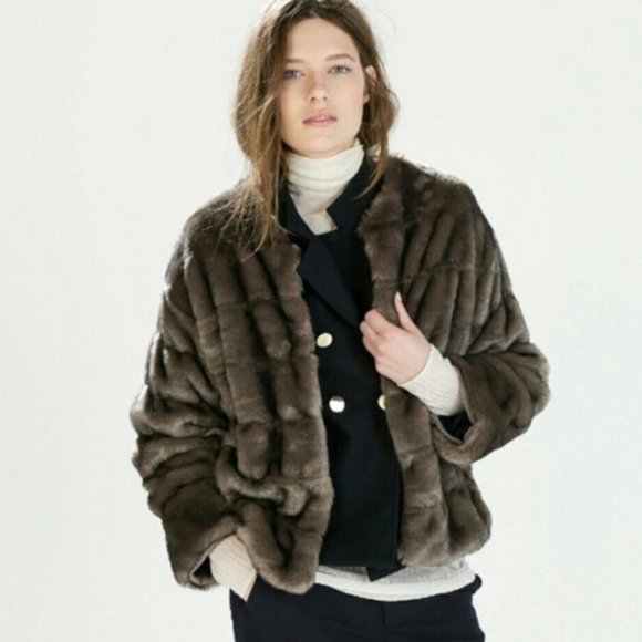 ZARA Knit Super Soft Gray Brown Faux Fur Jacket Coat Size Small - Picture 4 of 11